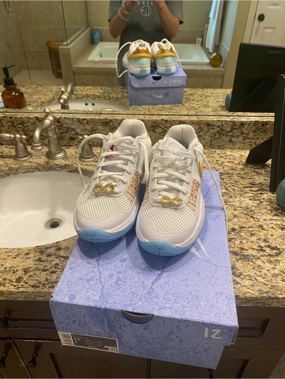 Kids White Mesh Sneakers with Gold Accent